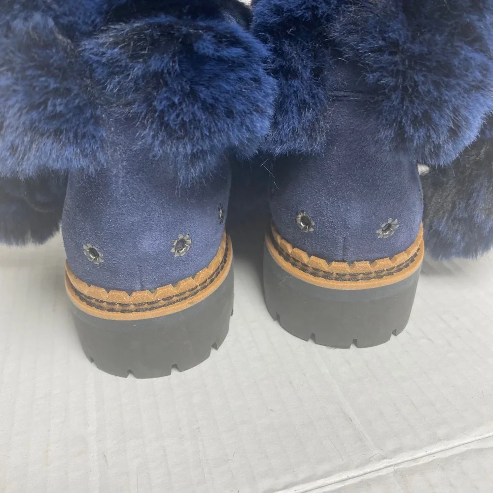 Sam Edelman‎ Navy Blue Faux Fur Pom Pom Lug Sole Ankle Boots Womens 8.5M Cozy